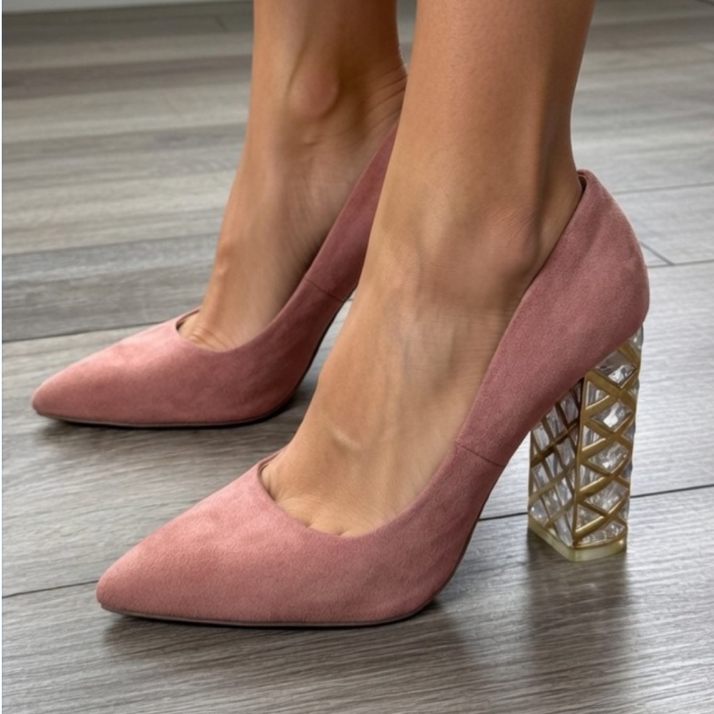 Le Chateau Dusty Rose Suede Pumps With Geometric Block Heel